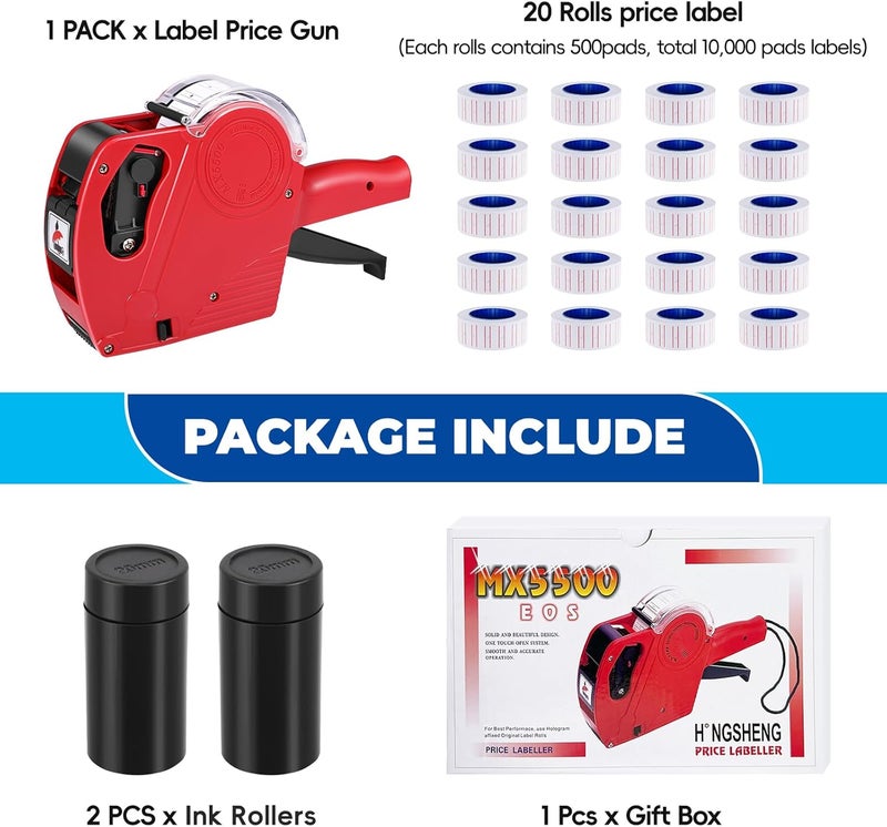LonXFan Price Gun,Handheld Price Tag Gun Red Pricing Gun with Extra 10,000 Pad Labels and 2 Pack of Inks Price Guns Tool Set for Retail, Price Stamp for Groceries Price Labeling - Image 3